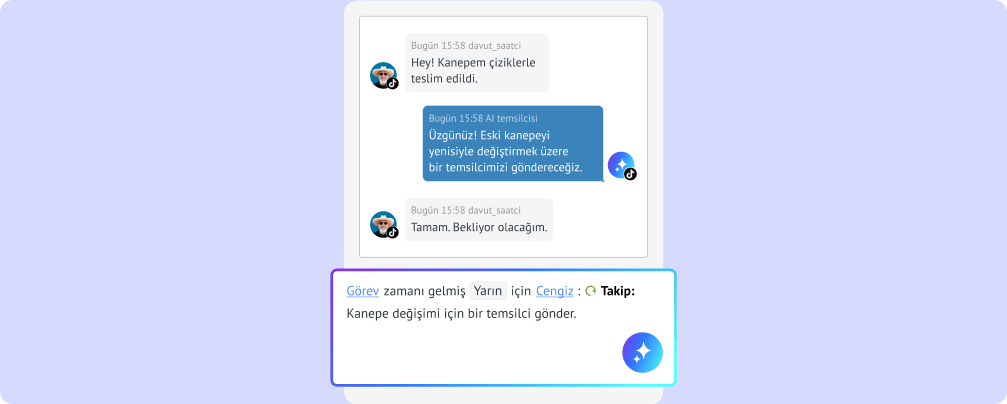 AI'ın müşteri destek görüşmesinden takip görevi oluşturup bunu son teslim tarihiyle ekip üyesine ataması