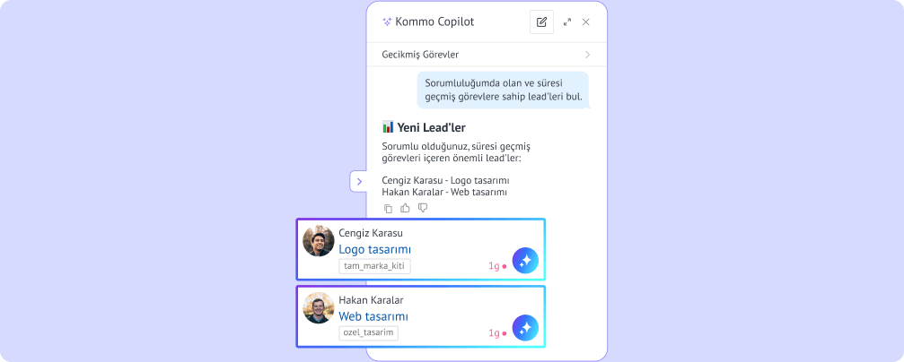 Kommo Copilot'un gecikmiş görevleri olan sıcak lead'leri belirleyip en umut verici satış fırsatlarını önceliklendirmesi