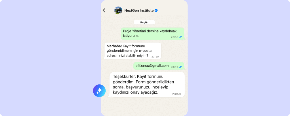 AI asistanının potansiyel öğrenciden e-posta alıp kurs kaydı için kayıt formu göndermesi