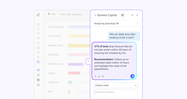 Kommo Copilot analyzing lead drop-off after booking invitations and recommending follow-up actions to improve conversion