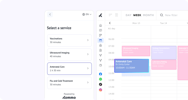 Medical appointment booking interface with service selection menu and available time slots displayed in a weekly calendar
