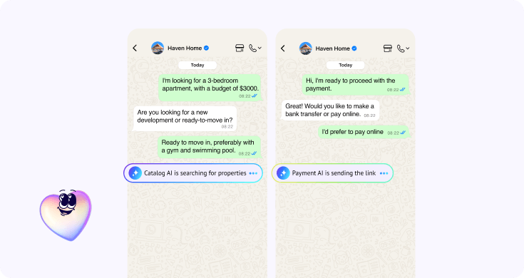 AI assistant helping a client find properties by budget and sending a payment link to continue the purchase process