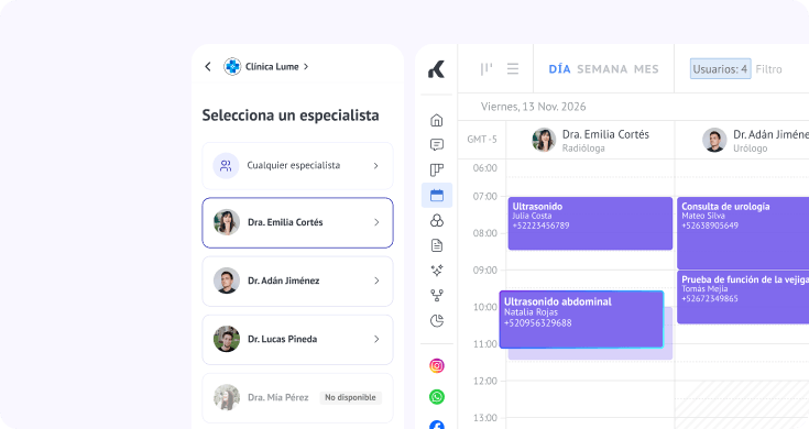 Interfaz de reserva de citas médicas con menú de selección de servicios y horarios disponibles en un calendario semanal