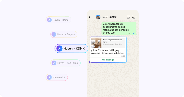 Asistente de IA ayudando a un cliente a encontrar propiedades según su presupuesto y enviando un enlace de pago para continuar el proceso de compra
