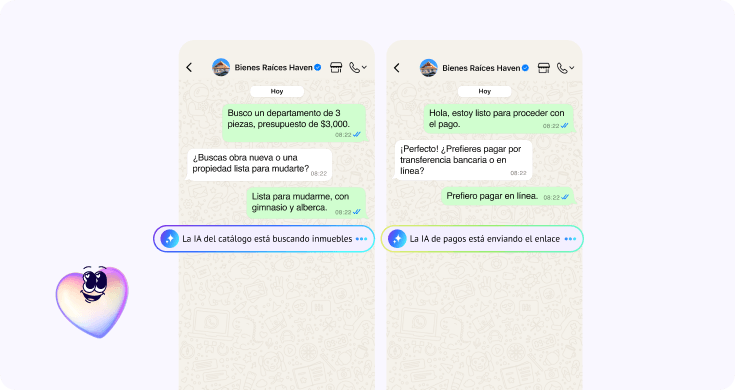 Asistente de IA ayudando a un cliente a encontrar propiedades según su presupuesto y enviando un enlace de pago para continuar el proceso de compra