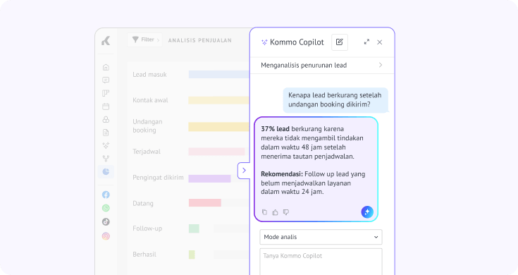 Kommo Copilot menganalisis kehilangan lead setelah undangan pemesanan dan merekomendasikan tindak lanjut untuk meningkatkan konversi