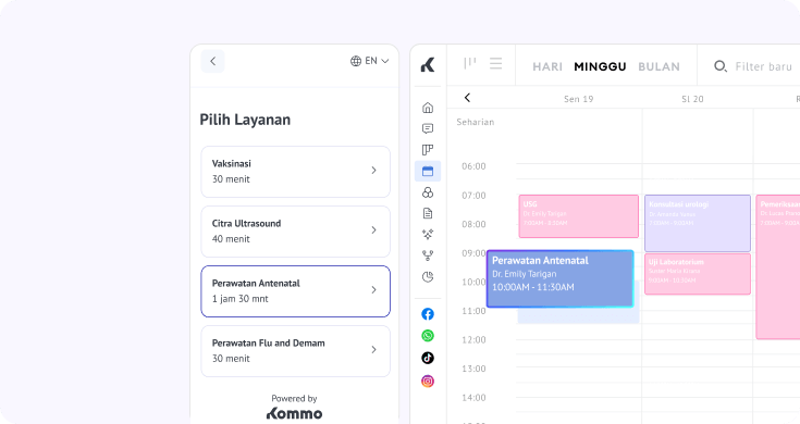 Antarmuka pemesanan janji medis dengan pilihan layanan dan slot waktu yang tersedia di kalender mingguan