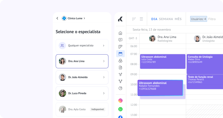 Interface de agendamento médico com seleção de serviços e horários disponíveis em um calendário semanal