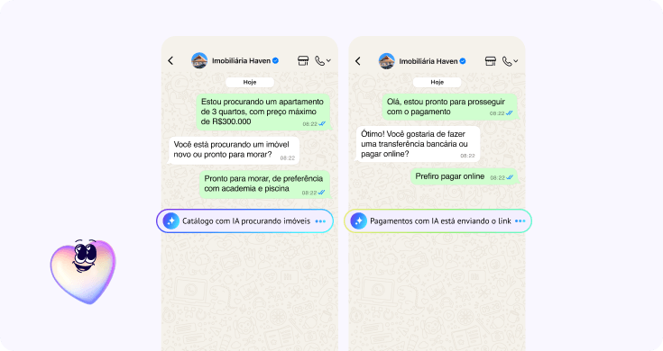 Assistente de IA ajudando um cliente a encontrar imóveis de acordo com o orçamento e enviando um link de pagamento para continuar a compra