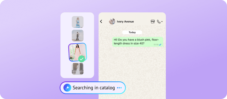 AI searching a fashion catalog to recommend a blush pink evening dress in WhatsApp