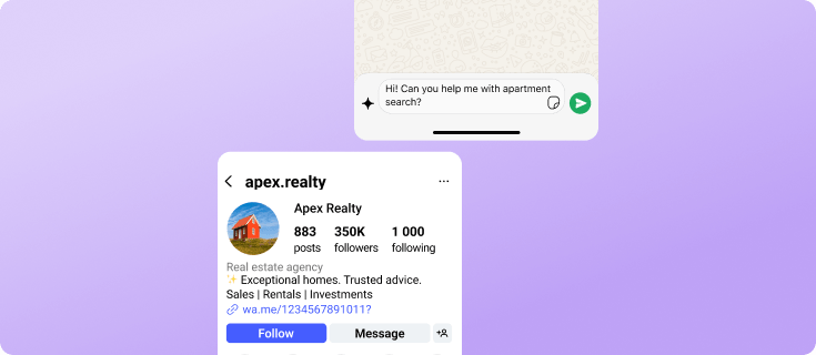 Customer opening a real estate social profile before starting a WhatsApp conversation