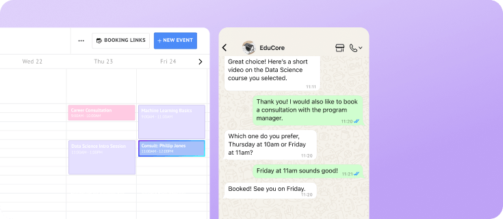 AI checking event availability and booking an appointment through a WhatsApp conversation