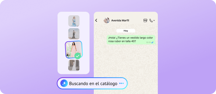 IA buscando en un catálogo de moda para recomendar un vestido rosa empolvado por WhatsApp
