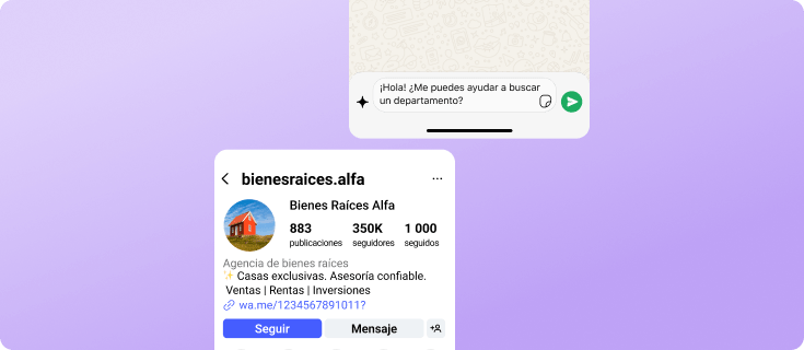 Cliente abre el perfil de una inmobiliaria en redes sociales antes de iniciar una conversación por WhatsApp
