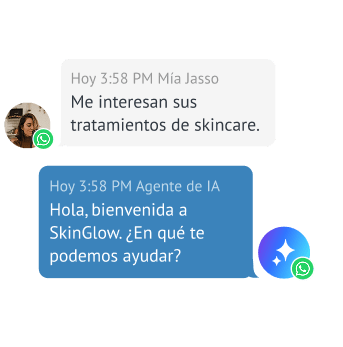 Agente de IA dando la bienvenida a un cliente interesado en tratamientos para el cuidado de la piel por WhatsApp