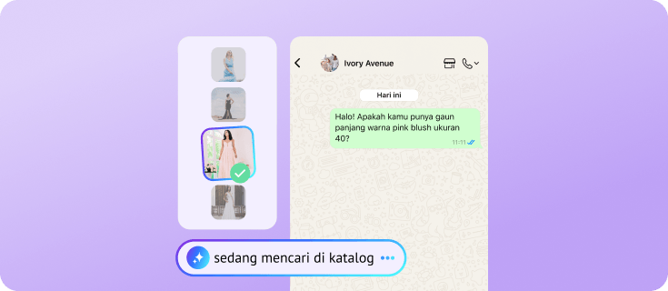AI mencari katalog fashion untuk merekomendasikan gaun panjang merah muda muda di WhatsApp