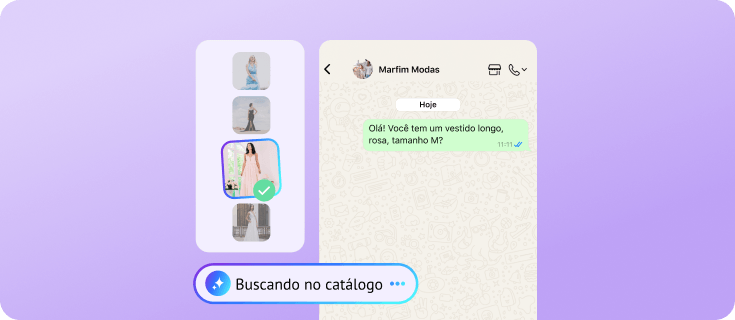 IA pesquisando um catálogo de moda para recomendar um vestido rosa-claro no WhatsApp