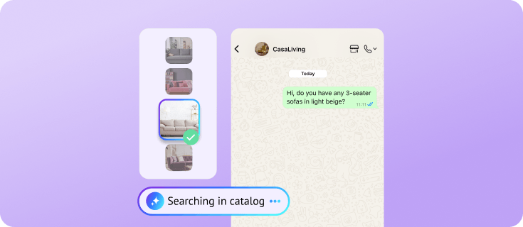 AI searching a product catalog to recommend a matching beige sofa in WhatsApp