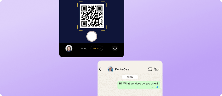 Phone camera scanning a WhatsApp QR code to start a business chat