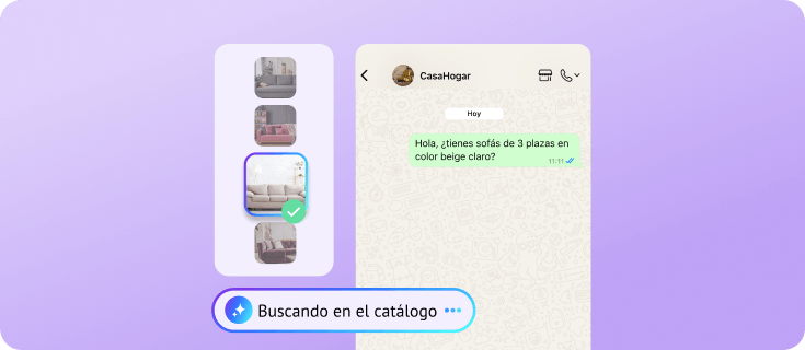 IA buscando en un catálogo de productos para recomendar un sofá beige por WhatsApp