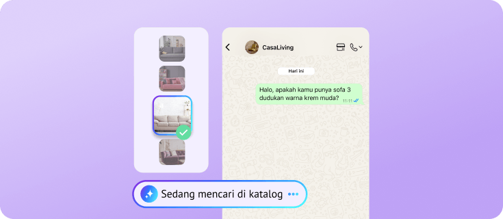 AI mencari katalog produk untuk merekomendasikan sofa krem yang cocok di WhatsApp