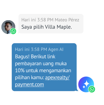 AI mengirimkan tautan pembayaran di WhatsApp setelah pelanggan mengonfirmasi pemesanan vila