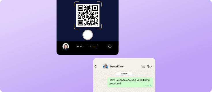 Kamera ponsel memindai kode QR WhatsApp untuk memulai chat bisnis