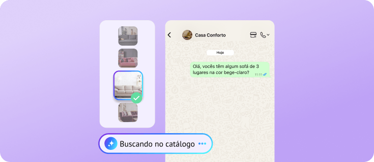 IA pesquisando um catálogo de produtos para recomendar um sofá bege no WhatsApp