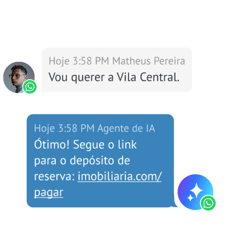 Agente de IA enviando um link de pagamento no WhatsApp após a confirmação da reserva de uma vila
