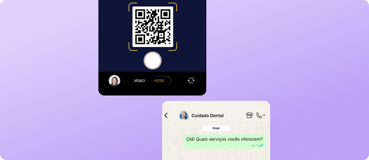 Câmera do celular escaneando um código QR do WhatsApp para iniciar uma conversa comercial